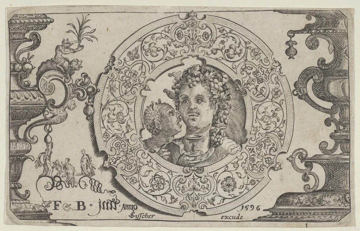 Horizontal Panel with Bacchus in a Medallion by Claes Jansz Visscher, print, 1596-1652