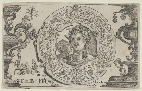 Horizontal Panel with Bacchus in a Medallion by Claes Jansz Visscher, print, 1596-1652