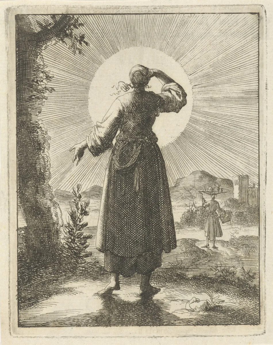 Vrouw houdt bij het kijken naar de zon haar hand voor de ogen by Jan Luyken, print, 1687