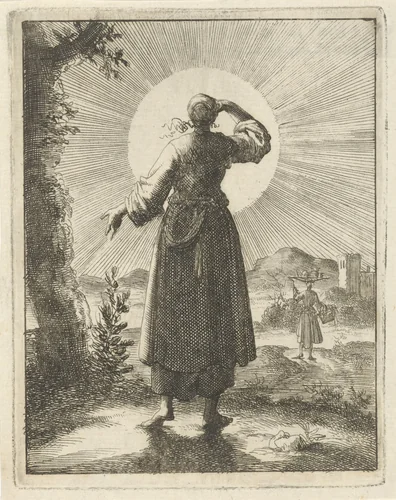 Vrouw houdt bij het kijken naar de zon haar hand voor de ogen by Jan Luyken, print, 1687