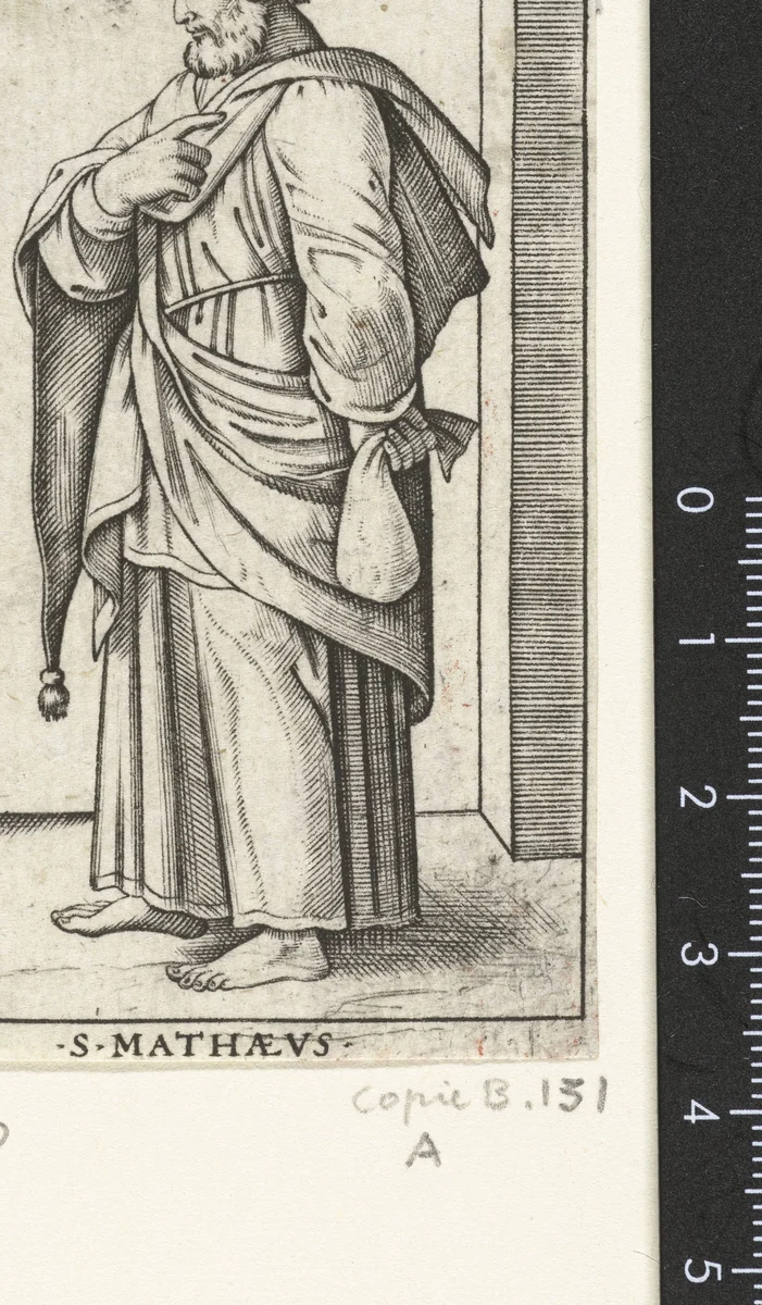Apostel Matteüs met beurs by anonymous, print, 1517-1527