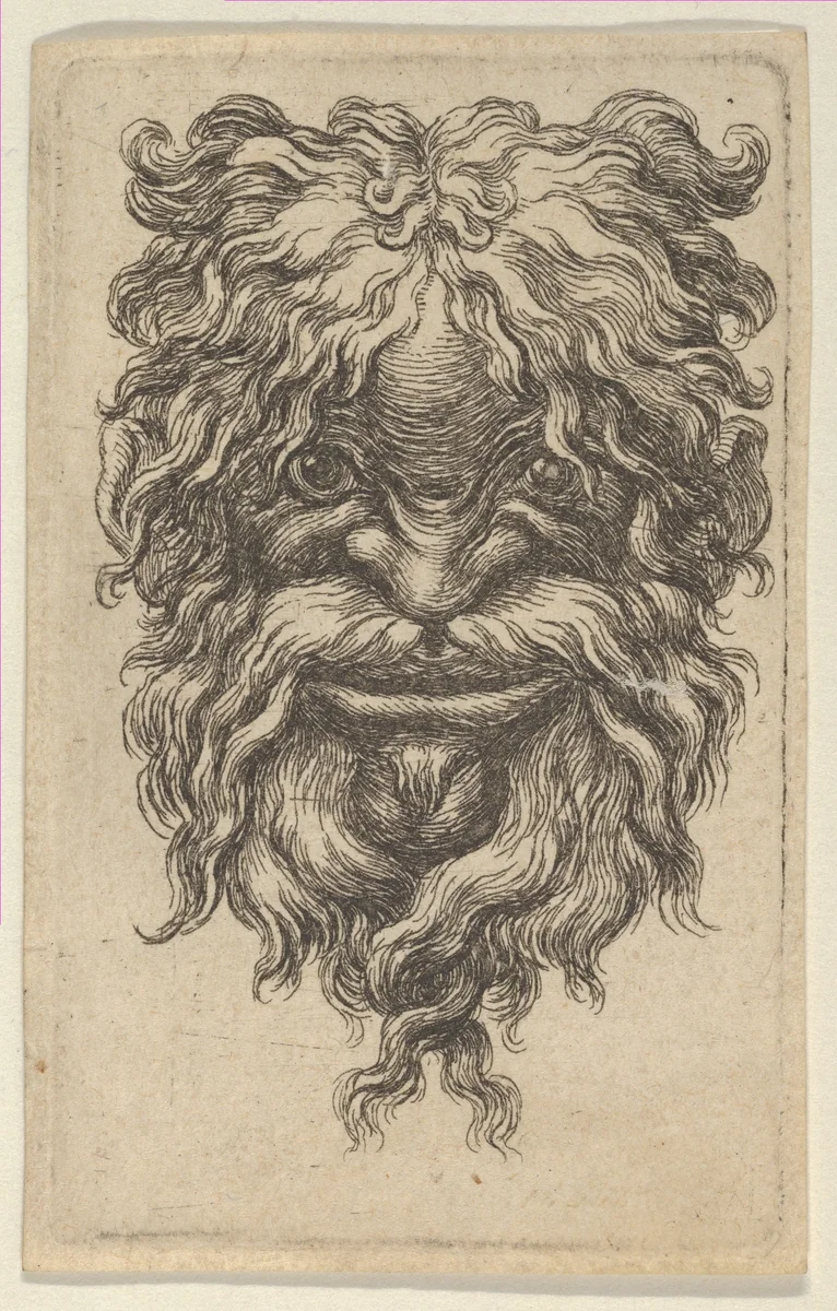 Mask with Curly Hair, a Long Mustache and a Loosely Twisted Beard, from "Divers Masques" by François Chauveau, print, 1630-1650