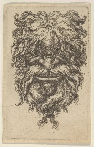 Mask with Curly Hair, a Long Mustache and a Loosely Twisted Beard, from "Divers Masques" by François Chauveau, print, 1630-1650