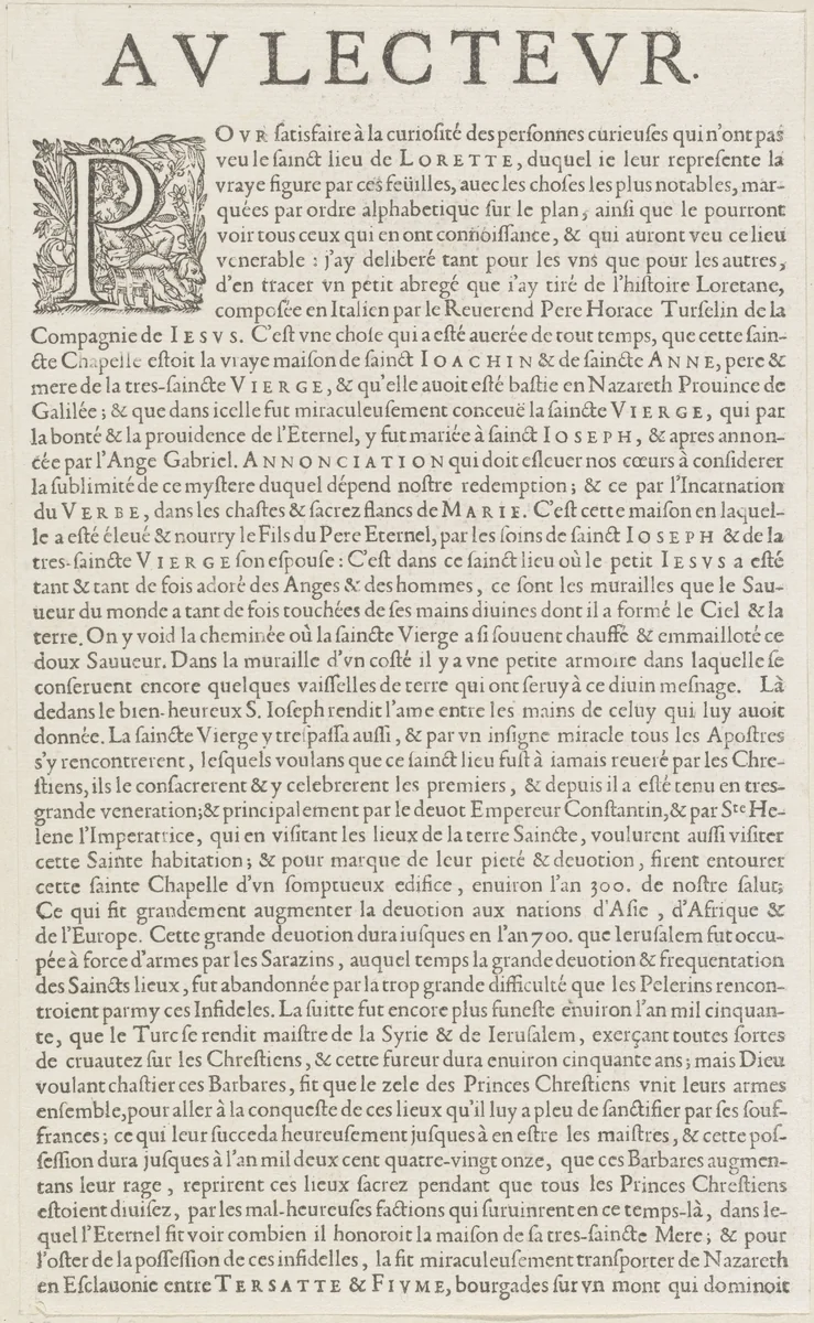 Twee tekstpagina's uit: Le véritable plan et pourtrait de la maison de la Ste. Vierge Maria de Lorette, 1649 by anonymous, print, 1649