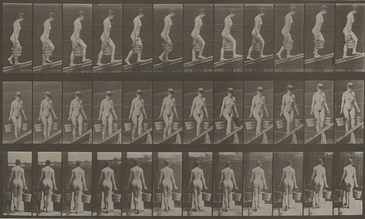Plate Number 82. Ascending an incline with a bucket of water in each hand by Eadweard Muybridge, photograph, 1887