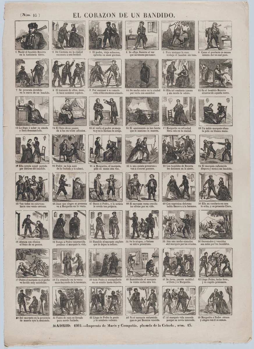Broadside with 48 scenes relating to the heart of the bandit by José María Marés, print, 1864