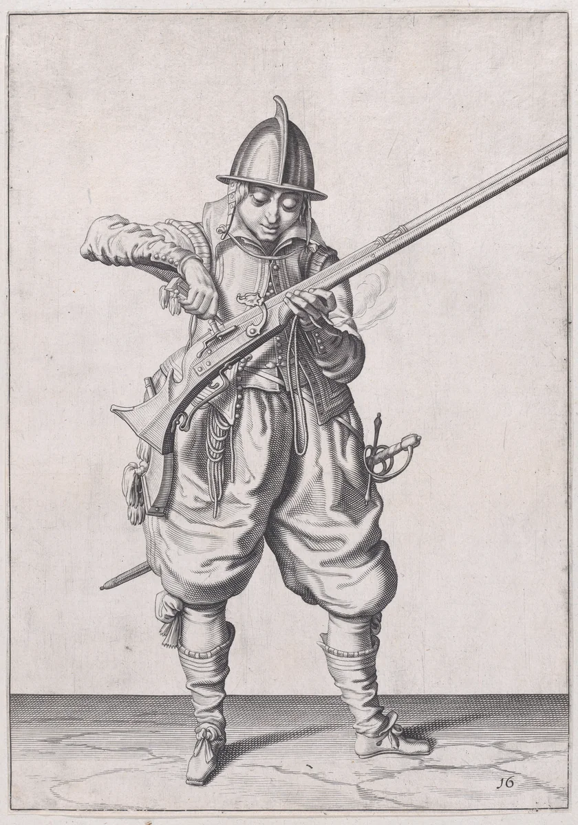 A soldier pouring powder into the pan, from the Marksmen series, plate 16, in Waffenhandlung von den Rören Musquetten undt Spiessen / Wapenhandelinghe van Roers Musquetten ende Spiessen (The Exercise of Arms) by Jacques de Gheyn II, print, 1608