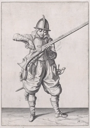A soldier pouring powder into the pan, from the Marksmen series, plate 16, in Waffenhandlung von den Rören Musquetten undt Spiessen / Wapenhandelinghe van Roers Musquetten ende Spiessen (The Exercise of Arms) by Jacques de Gheyn II, print, 1608