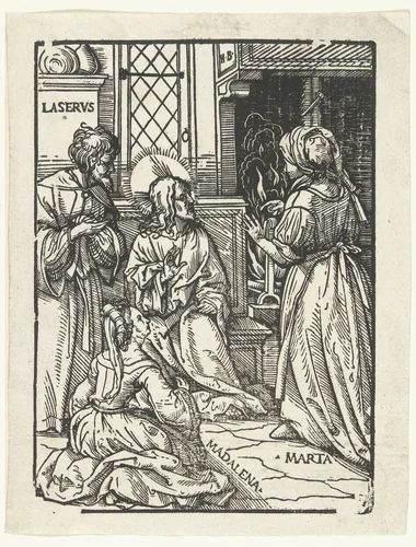 Christus in het huis van Marta en Maria Magdalena en Lazarus by Unknown, print, 1483-1510