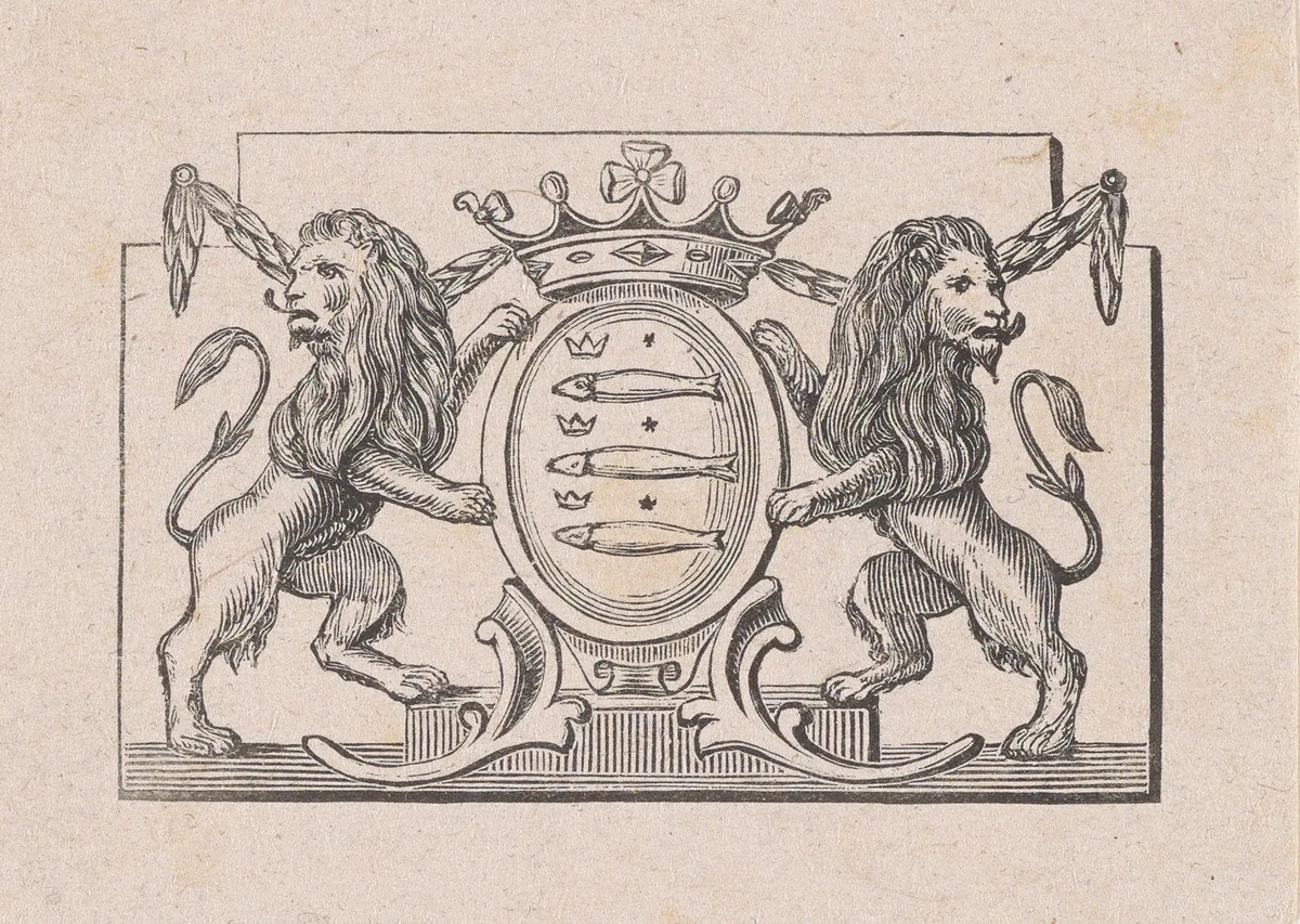 Vignet met een wapen met daarop drie vissen en drie kronen by Isaac Weissenbruch, print, 1836-1912