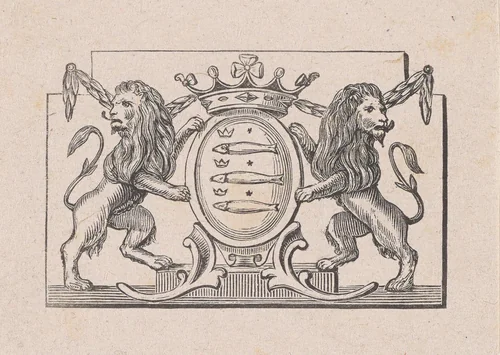 Vignet met een wapen met daarop drie vissen en drie kronen by Isaac Weissenbruch, print, 1836-1912