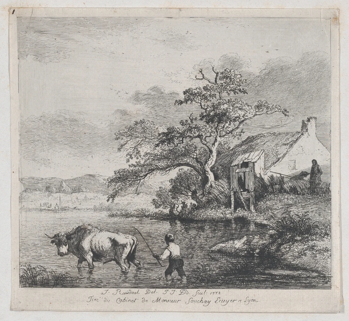 Herdsman and Bull, after Ruisdael by Jean Jacques de Boissieu, print, 1772