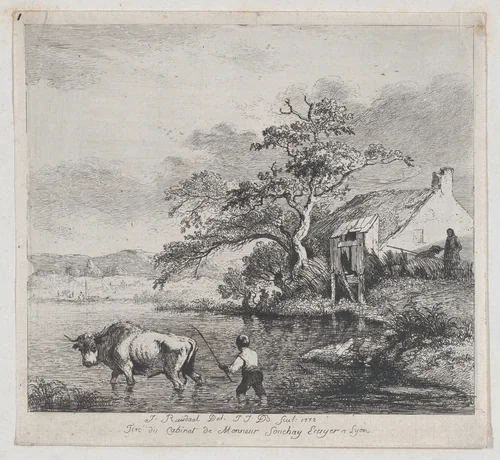 Herdsman and Bull, after Ruisdael by Jean Jacques de Boissieu, print, 1772