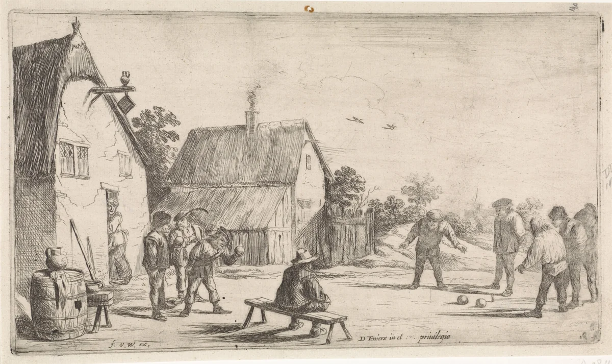 Boeren spelen jeu de boules by anonymous, print, 1636-1679