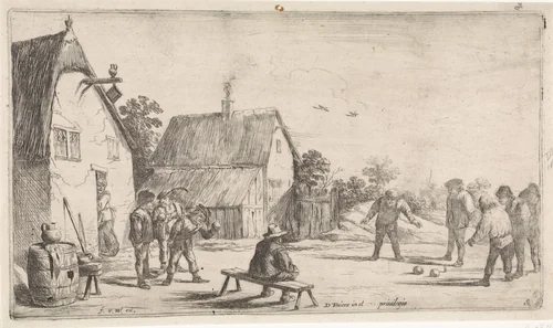 Boeren spelen jeu de boules by anonymous, print, 1636-1679