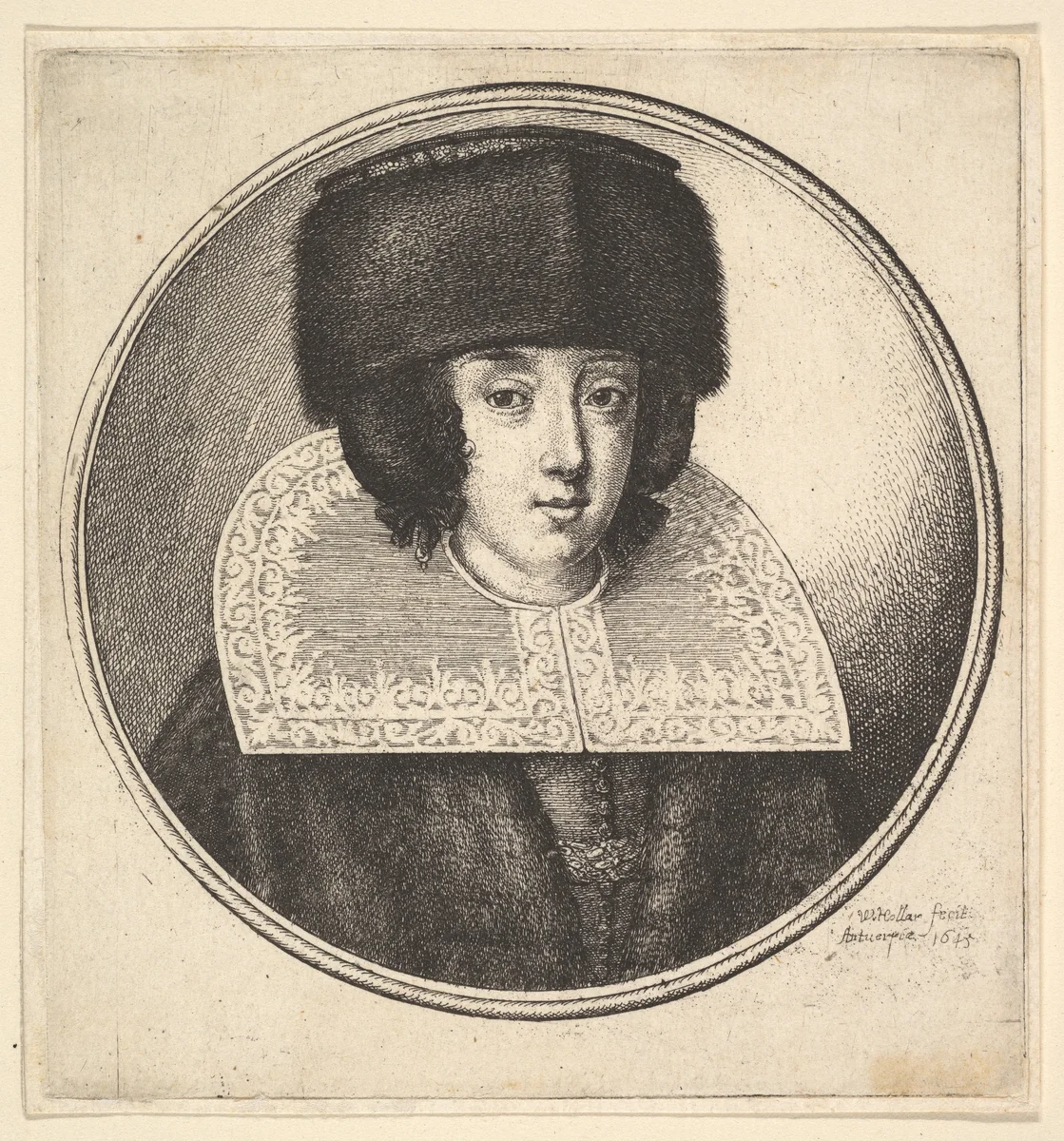 Woman with stiff lace collar and flat-crowned fur hat by Wenceslaus Hollar, print, 1645