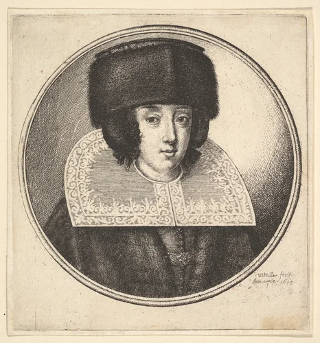 Woman with stiff lace collar and flat-crowned fur hat by Wenceslaus Hollar, print, 1645