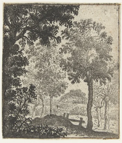 Landschap met grote boom op voorgrond by Jan van Brosterhuyzen, print, 1610-1650
