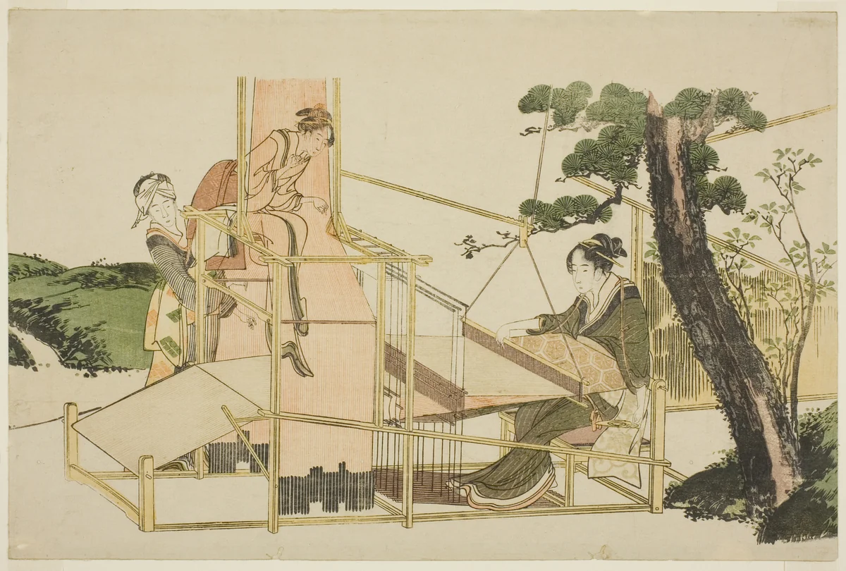 Women weaving on a loom by Katsushika Hokusai (葛飾 北斎), print, 1816-1824