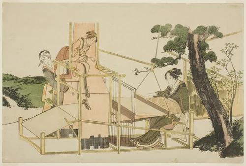 Women weaving on a loom by Katsushika Hokusai (葛飾 北斎), print, 1816-1824