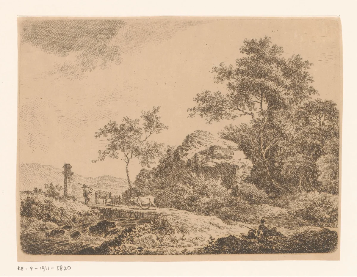 Landschap met een koeherder op een brug by Sauveur Legros, print, 1764-1834
