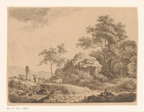 Landschap met een koeherder op een brug by Sauveur Legros, print, 1764-1834