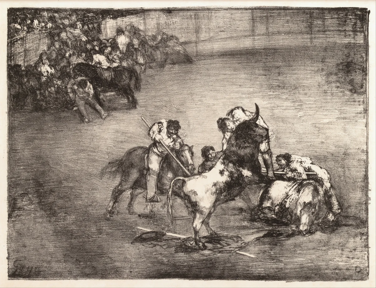 A picador caught by a bull, from the "Bulls of Bordeaux" by Goya, print, 1825