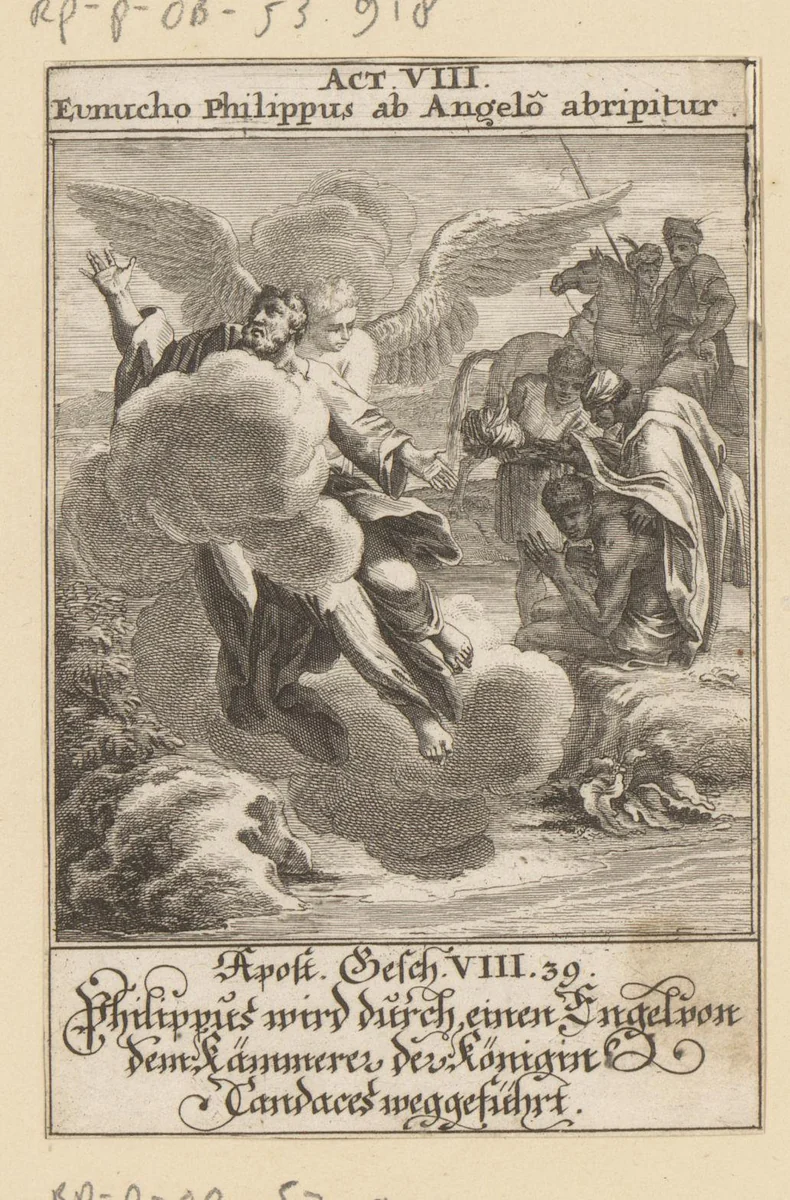Apostel Filippus door een engel weggevoerd by anonymous, print, 1697
