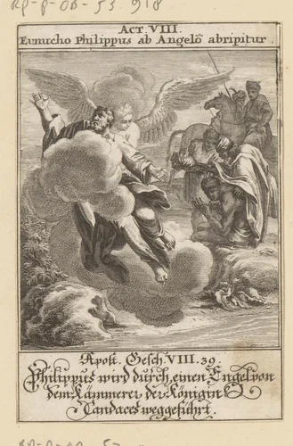 Apostel Filippus door een engel weggevoerd by anonymous, print, 1697
