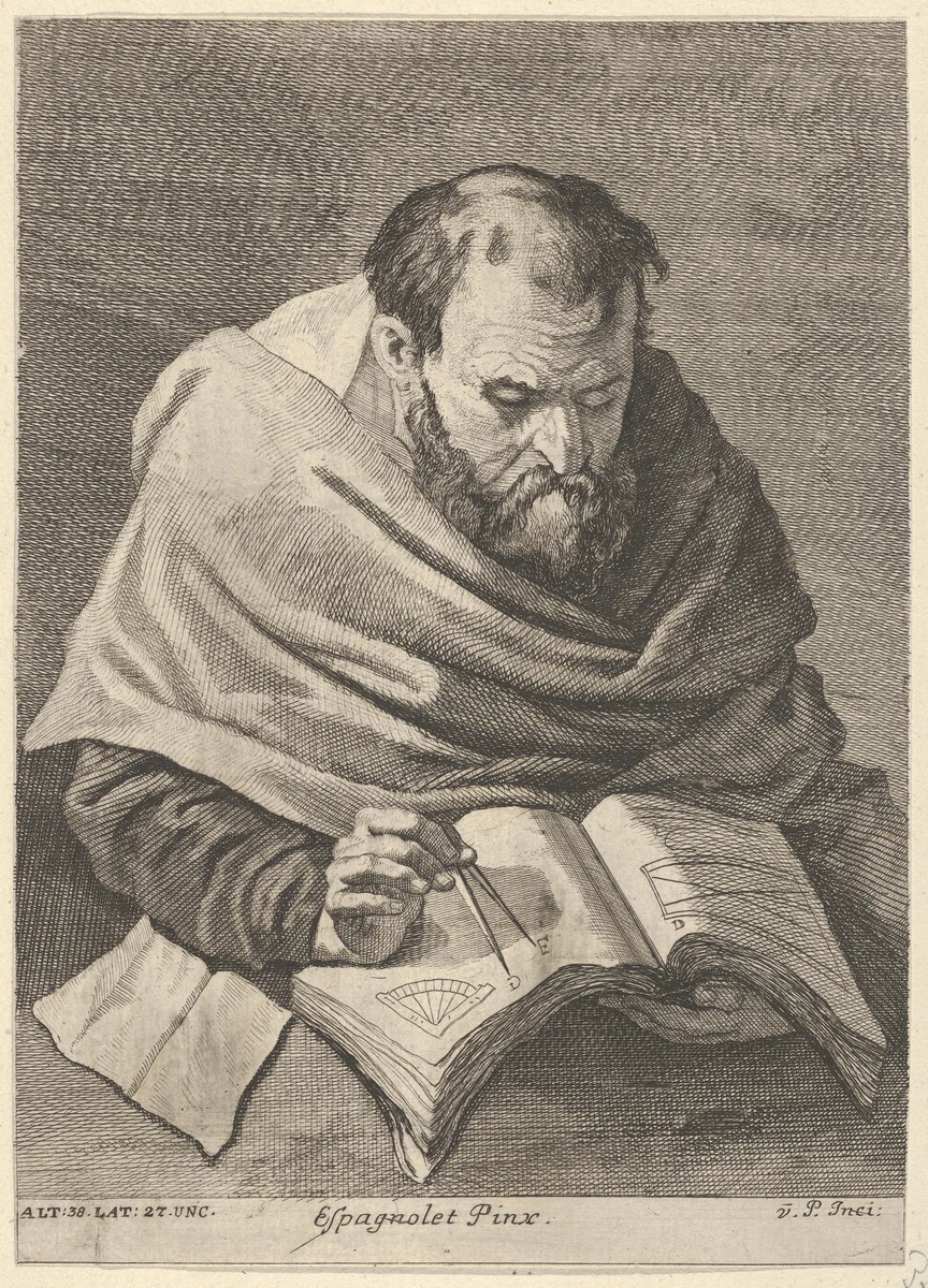A mathematician seated at a table, working on mathematical equations, from a portfolio of prints of the Imperial Gallery of Paintings in Vienna; plate 34 of the series by Anton Joseph von Prenner, print, 1728