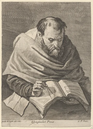 A mathematician seated at a table, working on mathematical equations, from a portfolio of prints of the Imperial Gallery of Paintings in Vienna; plate 34 of the series by Anton Joseph von Prenner, print, 1728