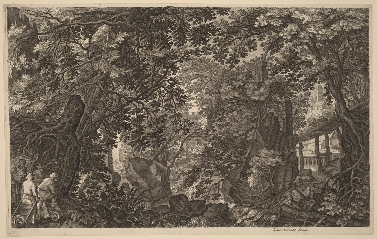 River Landscape with a Duck Hunter by Aegidius Sadeler II; Pieter Stevens, print, 1570-1629