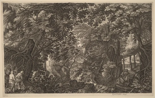 River Landscape with a Duck Hunter by Aegidius Sadeler II; Pieter Stevens, print, 1570-1629