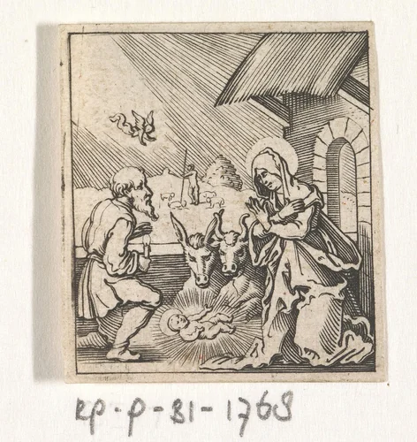 Aanbidding van het Christuskind door Maria en Jozef by Michiel le Blon, print, 1597-1656