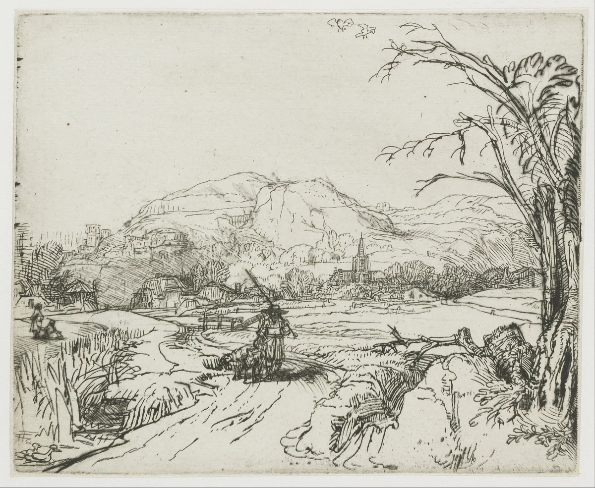 Landscape with sportsman and dogs by Rembrandt van Rijn, print, 1648