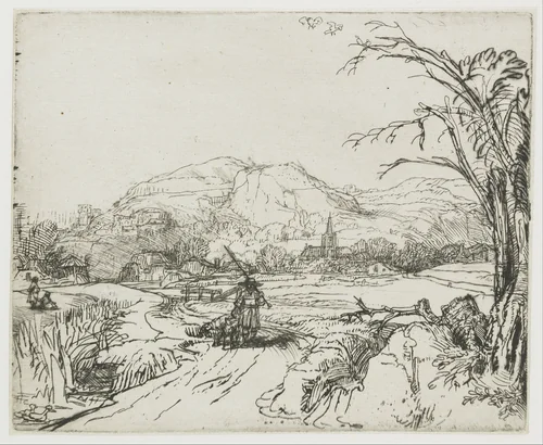 Landscape with sportsman and dogs by Rembrandt van Rijn, print, 1648