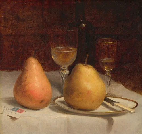 Two Pears on a Tabletop by Sanford Robinson Gifford, painting, 1866