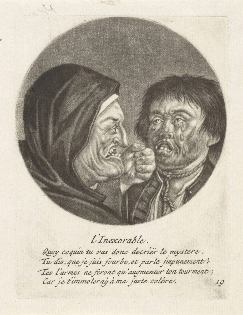 Monnik en een huilende man by Jacob Gole, print, 1670-1724