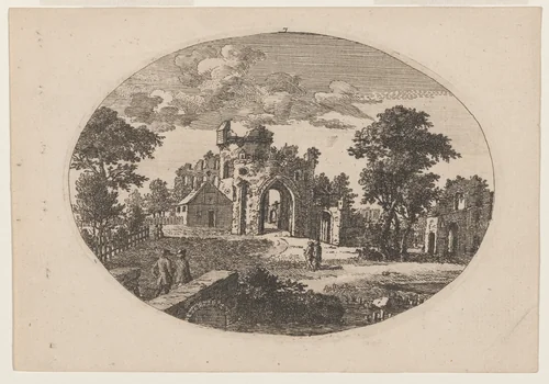 Ruins near a Stream, a Distant Building at the Foot of a Mountain by Paul Sandby, print, 1745-1755