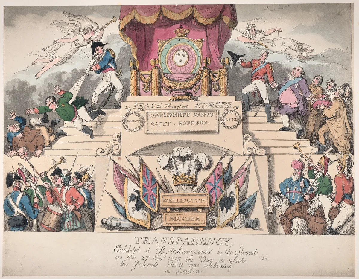 Transparency: Exhibited at R. Ackermann's in the Strand on the 27th November 1815, the Day on which the General Peace was Celebrated in London by Thomas Rowlandson, print, 1815