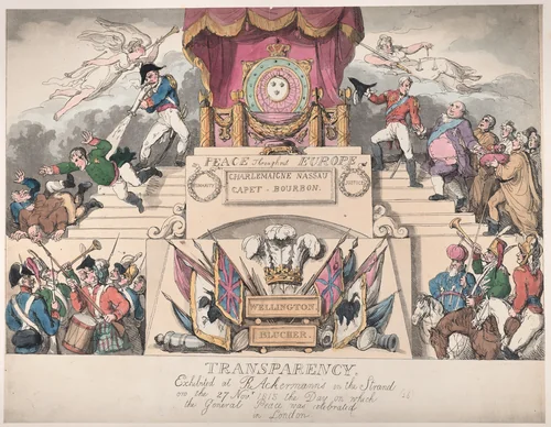 Transparency: Exhibited at R. Ackermann's in the Strand on the 27th November 1815, the Day on which the General Peace was Celebrated in London by Thomas Rowlandson, print, 1815