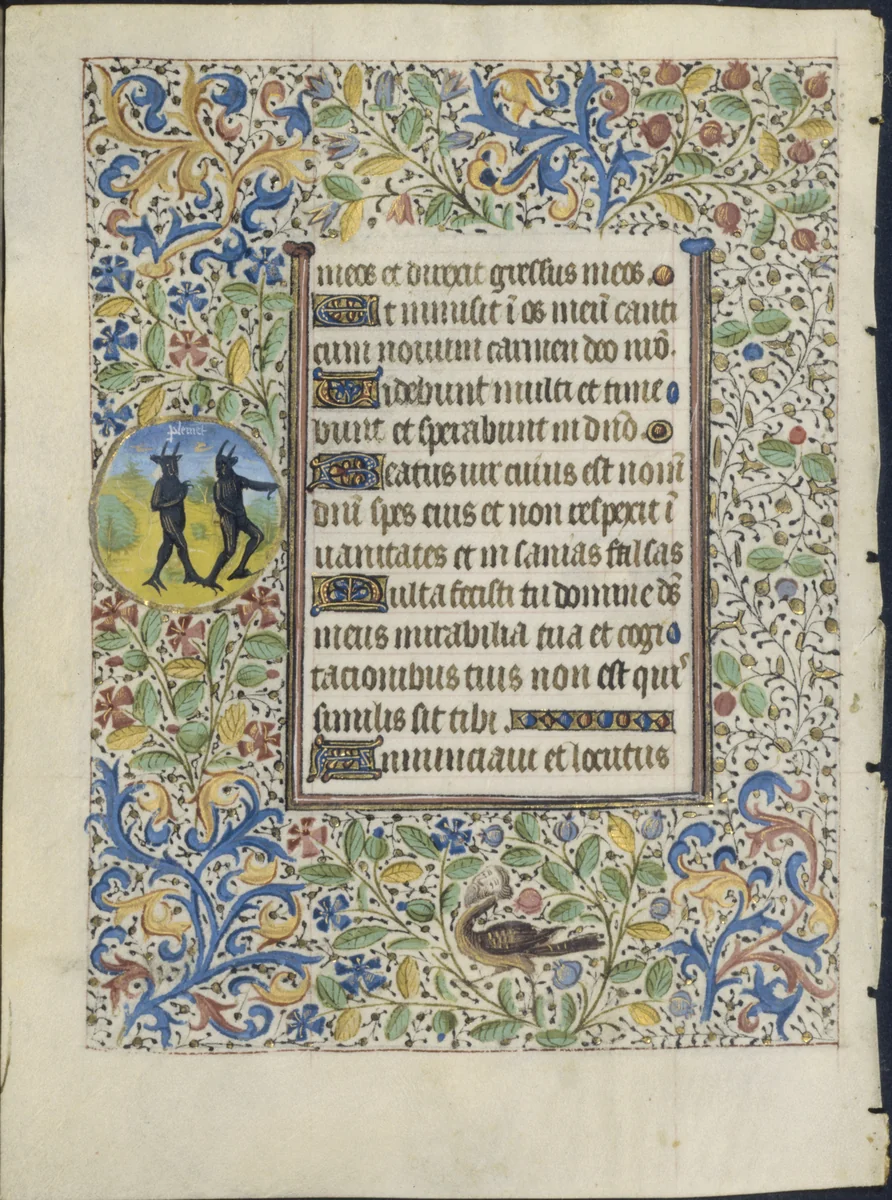 Leaf from a Book of Hours: Office of the Dead: Two Devils (verso) by Coëtivy Master, manuscript, 1455-1465