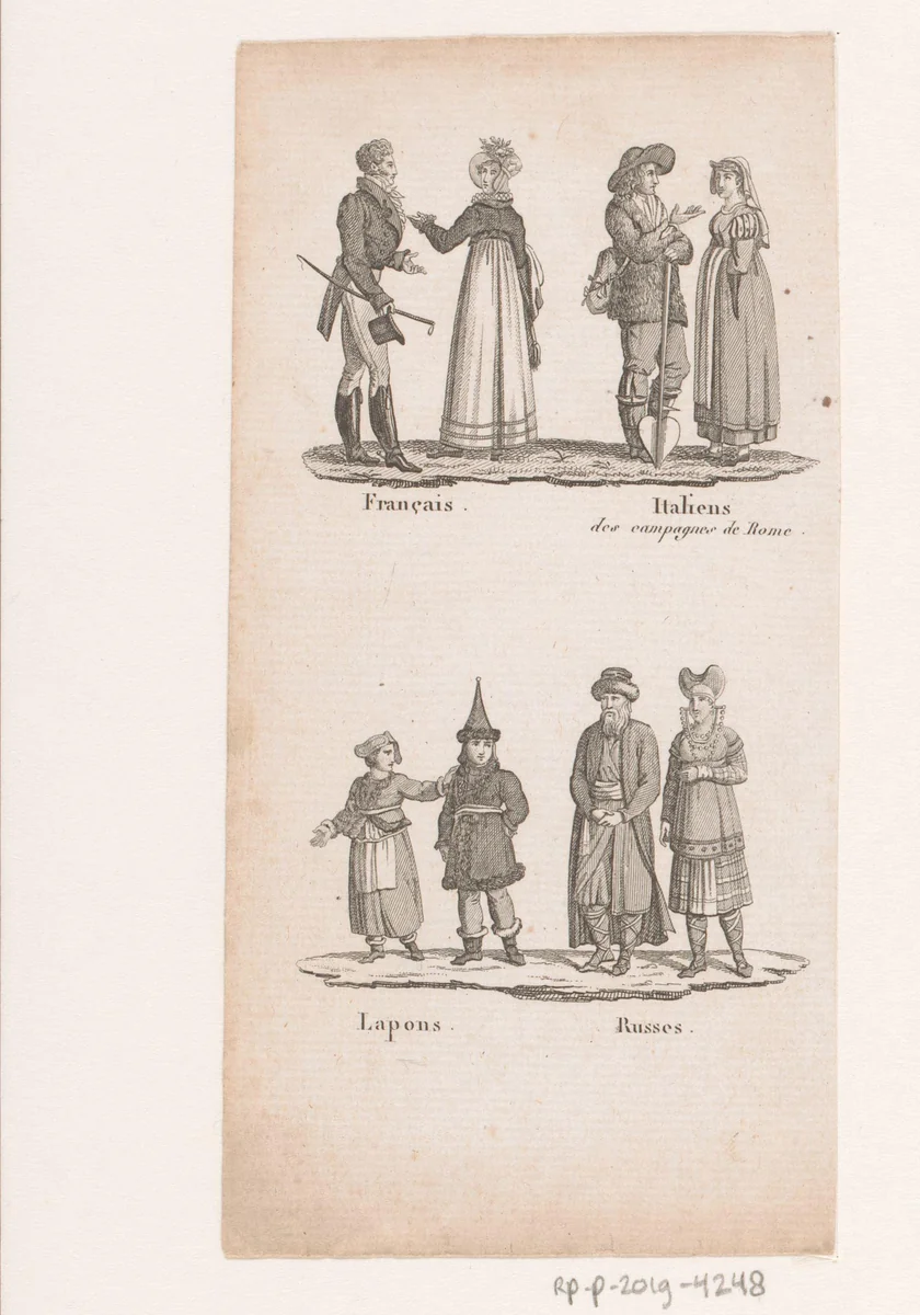 Fransen, Italianen, Sami en Russen in klederdracht by anonymous, print, 1750-1800