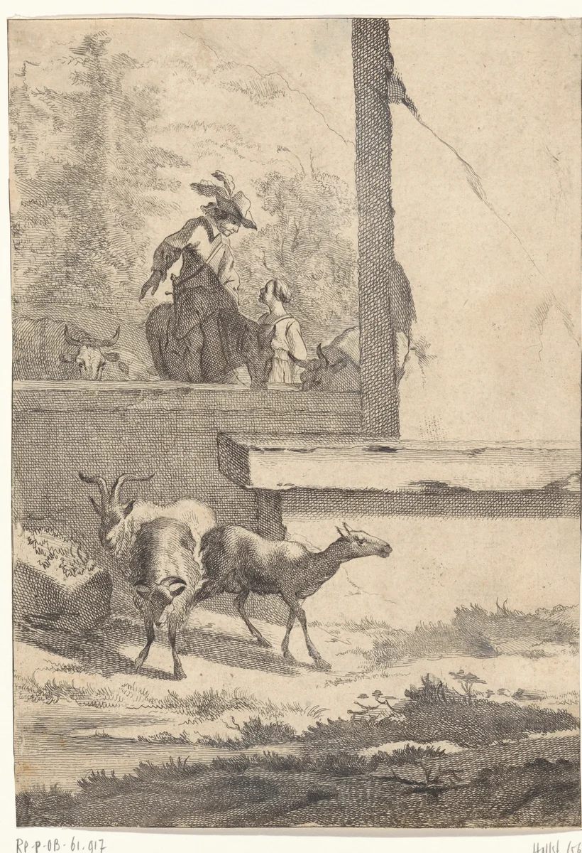 Geiten en een ruiter bij een muur by Jan de Visscher, print, 1643-1692