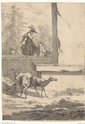 Geiten en een ruiter bij een muur by Jan de Visscher, print, 1643-1692