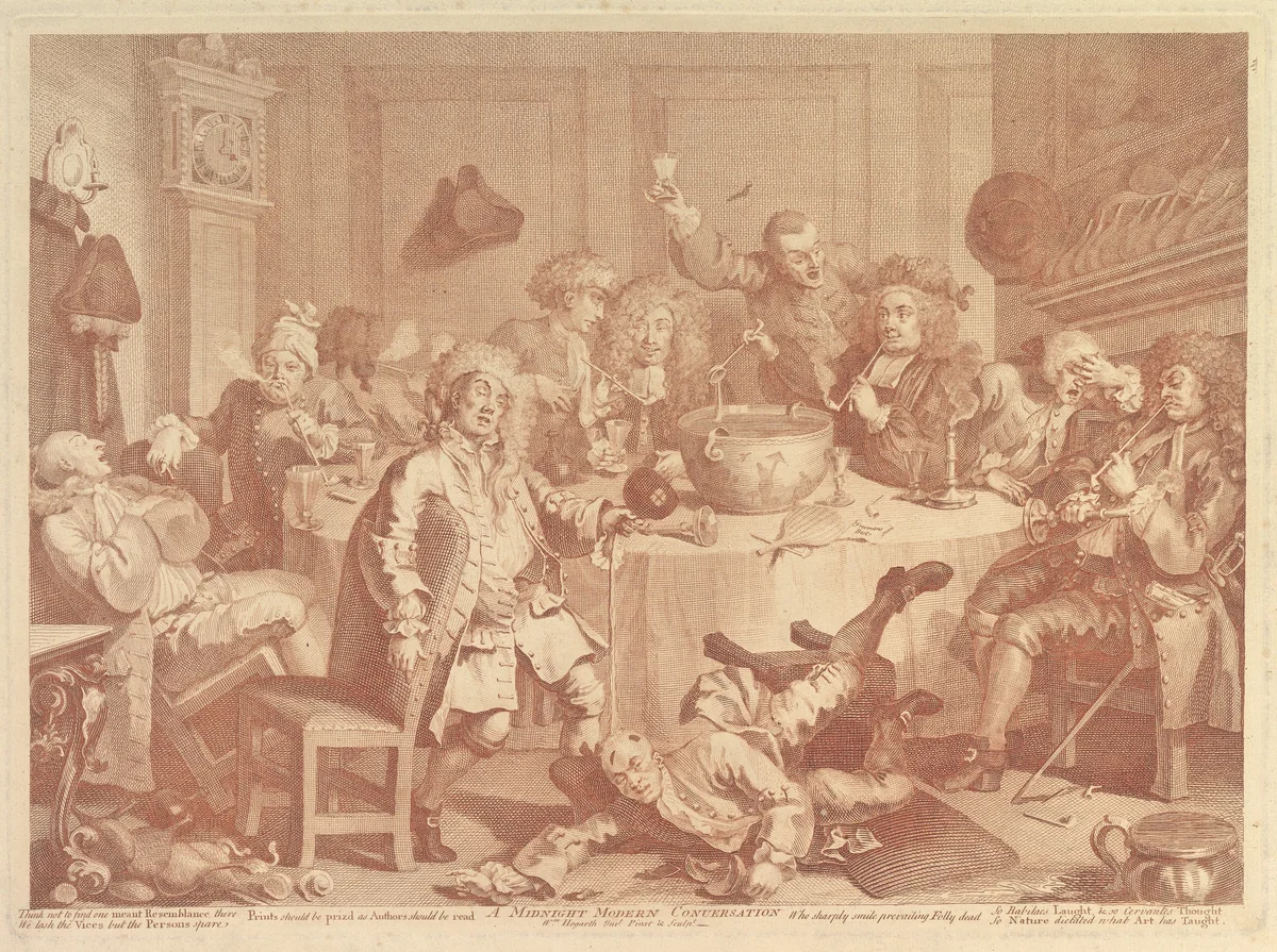 A Midnight Modern Conversation by William Hogarth, print, 1732-1733