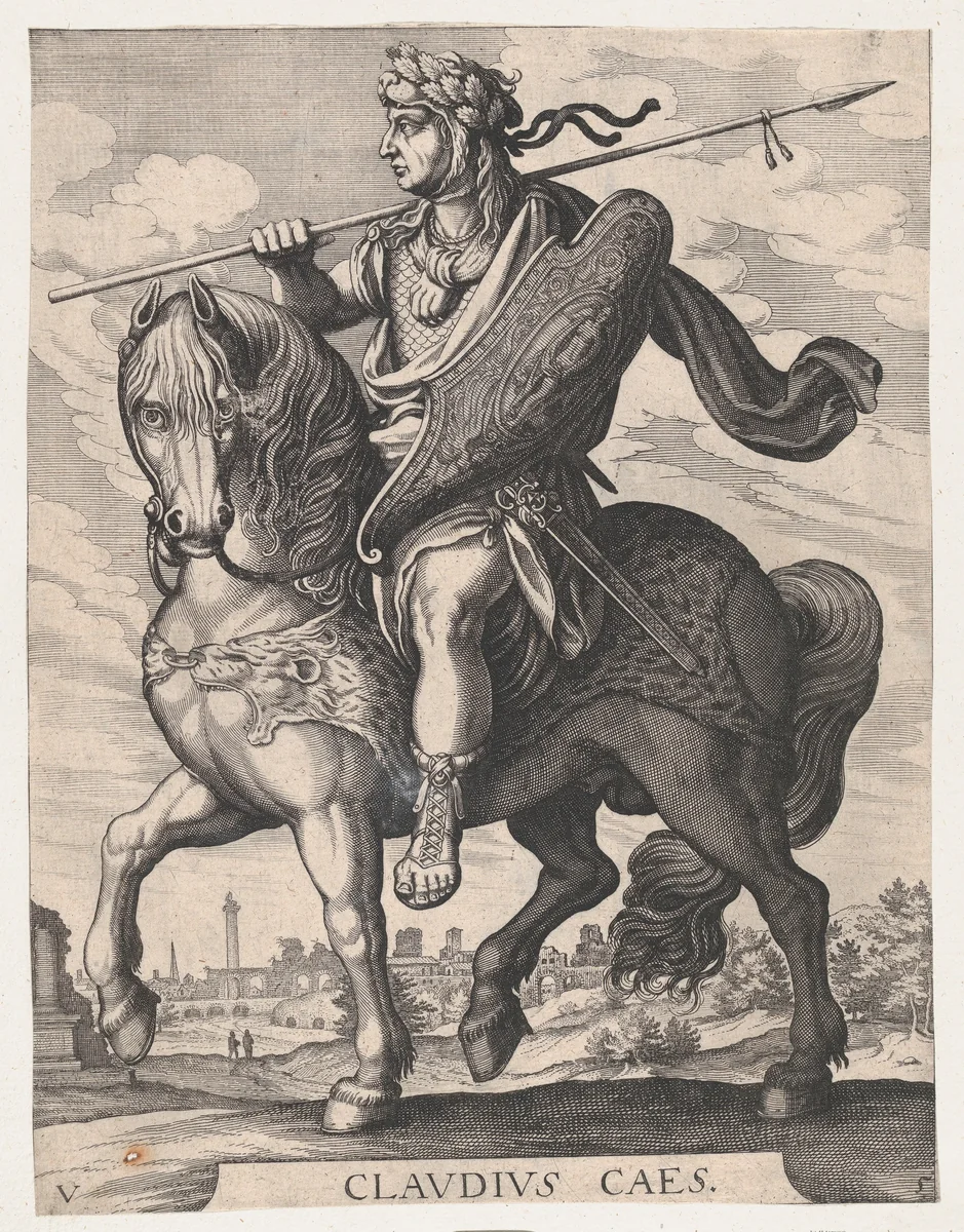 Plate 5: Emperor Claudius on Horseback, from 'The First Twelve Roman Caesars' after Tempesta by Matthäus Merian, print, 1610-1650
