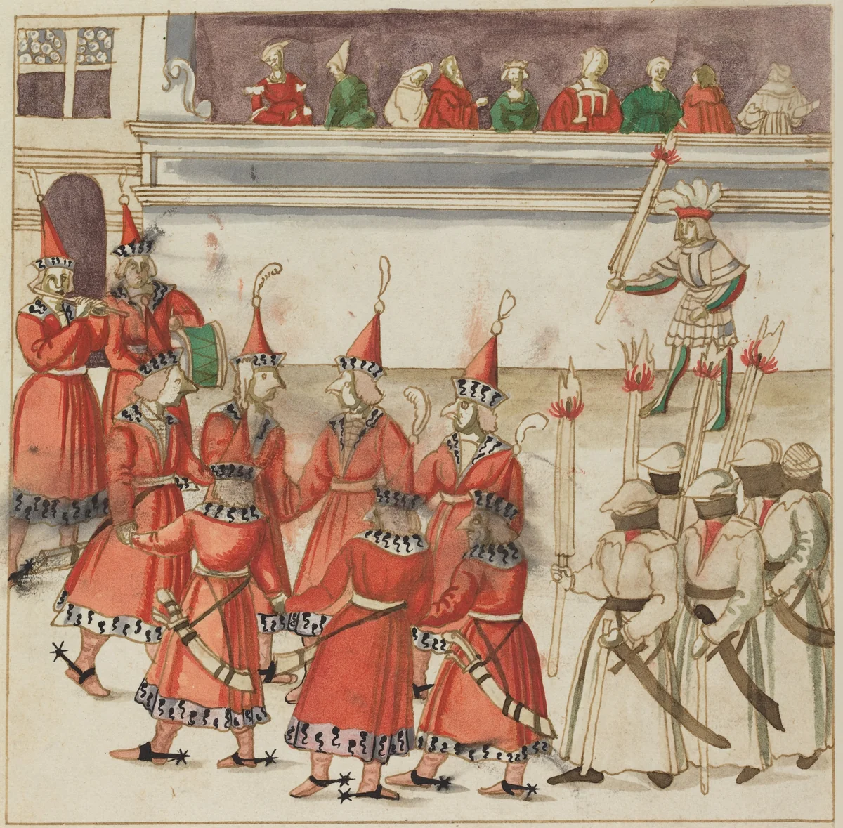 Seven Men in Red Gathered in a Circle by German 16th Century, drawing, 1515