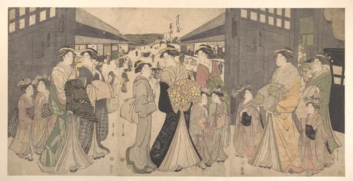 Oiran and Attendants at the Ō Mon or Great Gate of the Yoshiwara by Chōbunsai Eishi (鳥文斎栄之), print, 1784-1804