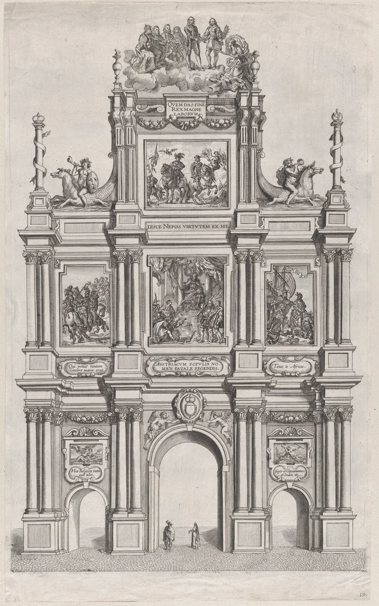 Plate 19: Triumphal arch, elevation of the front, surmounted by a cloud bearing Ferdinand and royal ancestors; from Guillielmus Becanus's 'Serenissimi Principis Ferdinandi, Hispaniarum Infantis...' by Johannes Meursius, print, 1636